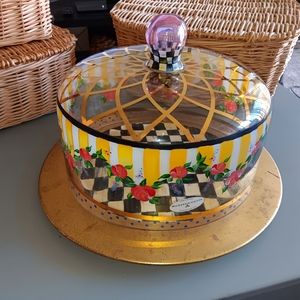 USED VTG Mackenzie Childs Courtly Check Circus Glass Cake Dome & Underplate